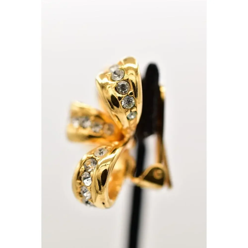 KJL Vintage Crystal Bow Clip Earrings Knot Gold Tone Chunky Signed 1990s BinBF - Picture 11 of 12